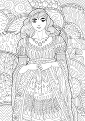 Fototapeta na wymiar Coloring book for adults with beautiful medieval lady