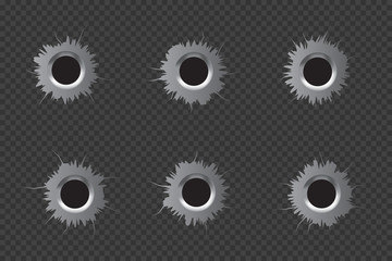 Realistic Bullet holes Set. Isolated on transparent background. Vector illustration.