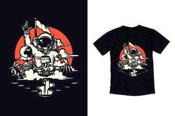 Astronaut with mountain and waterfall in space galaxy illustration for black t shirt design