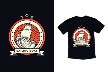 Fototapeta premium Sailing boat badge illustration for black t shirt design