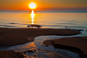 Sand Beach on Green Bay at Sunset, Frank E. Murphy County Park, Egg Harbor, Wisconsin, USA