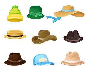 Female and Male Headwear or Headdress with Wide Brims Vector Set