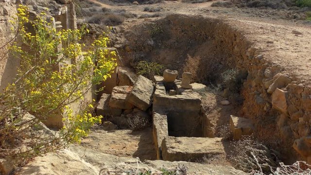 The ruins of the tombs. Filmed on the territory of the archaeological park Royal Tombs, near Paphos, Cyprus.