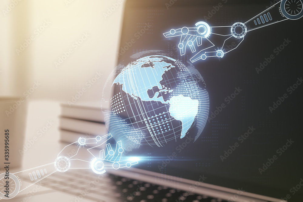 Aufkleber creative abstract robotics technology hologram with globe on modern computer background, artificial 