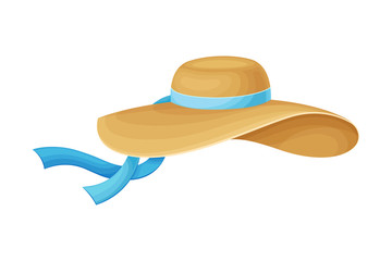 Female Hat with Wide Brim and Ribbon with Bow Vector Illustration