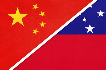 China or PRC vs Samoa national flag from textile. Relationship between Asian and Oceania countries.