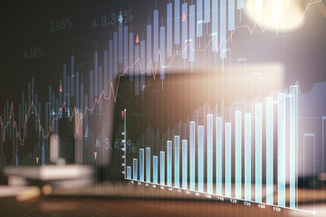 Multi exposure of abstract financial graph on laptop background, financial and trading concept