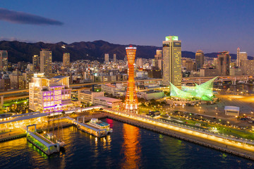 Fototapeta na wymiar Aerial panoramic view of Kobe harbor and Kobe tower in the night