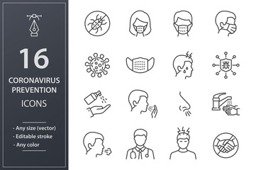Fototapeta premium Coronavirus line icons set. Black vector illustration. Editable stroke.