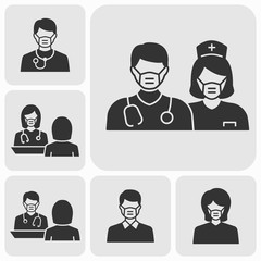 Fototapeta premium Doctor wearing a mask icons set. Vector illustration isolated.