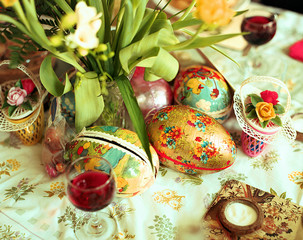 Easter egg flowers red wine above chocolate dinner sunday