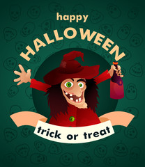 Cartoon character funny witch. Trick or treat. Halloween Party.