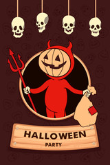 Cartoon character funny little devil. Trick or treat. Halloween Party.