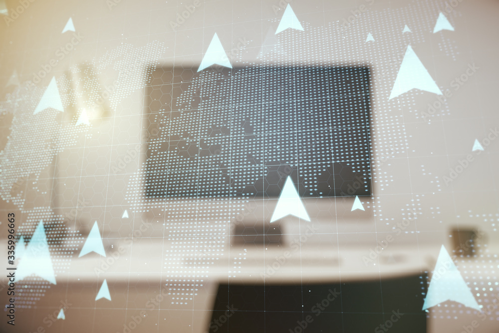 Poster double exposure of world map with pins hologram on laptop background. geolocation tracking and trans