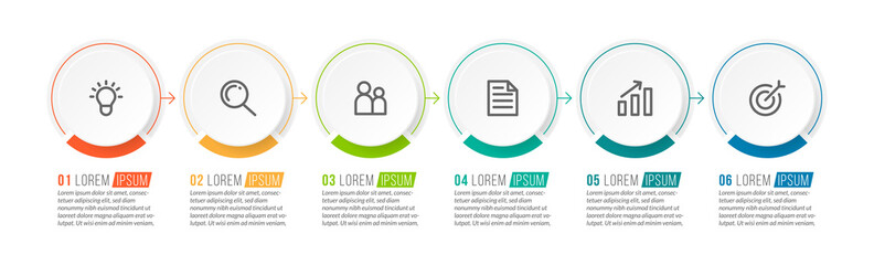 Minimal Business Infographics template. Timeline with 6 steps, options and marketing icons .Vector linear infographic with six conected elements. Can be use for presentation.