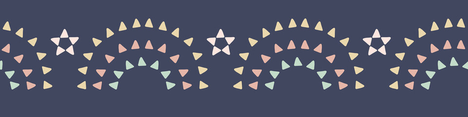 Rainbow border background. Cute vector banner design with triangle and star shapes.
