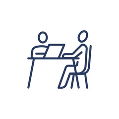 Fototapeta premium Candidate and employer having job interview icon. Customer consulting expert, businesspeople sitting at table with computer and talking. Line icon for business meeting, communication, career concept