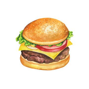 Cheeseburger watercolor. Fast food meal on watercolor illustration. Painting cheeseburger vector isolated on white background. Aquarelle food for restaurant menu design. Watercolor hand drawn burger.
