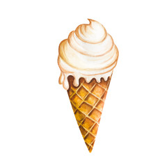 Ice cream cone. Watercolor ice cream cone isolated on white background. Vector icecream art.