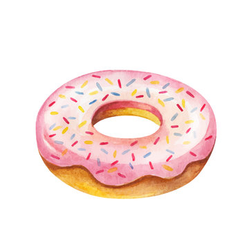 Donut watercolor. Breakfast sweet food on watercolor illustration. Painting pink donut vector isolated on white background. Aquarelle sweet food for restaurant menu.
