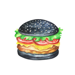 Black burger watercolor. Fast food meal on watercolor illustration. Painting black burger vector isolated on white background. Aquarelle food restaurant menu design. Watercolor hand drawn hamburger