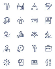 Head hunting and human resource line icons set. Candidate and employer job interview, career growth, resume, portfolio. Thin icons can be used for professional, leadership, employment concept