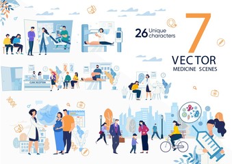 Disease Diagnostics, Modern Clinic Medical Services, Virus and Epidemic Threats, Childbirth Wait Trendy Flat Vector Scenes, Concepts Set. Hospital Doctors and Patients on Appointment Illustrations
