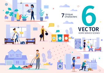 House Cleaning, Plumbing Service Employees Routine Trendy Flat Vector Scenes Set. Female, Male Workers Characters Throwing Out Waste, Moving Lawn, Repairing Pipe Leakage, Dusting at Home Illustrations