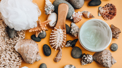banner Natural organic skincare products with bath, balm, cream for skin treatments, sea shell,...