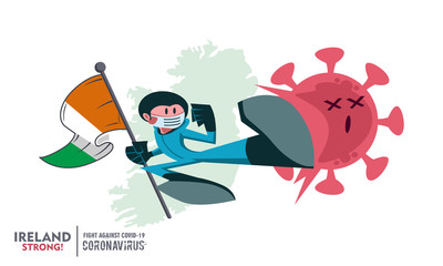 Person with biohazard suit holding flag on map background fighting coronavirus pandemic outbreak 2019 COVID-19. Vector illustration against covid19 virus. Scalable and editable vectors.