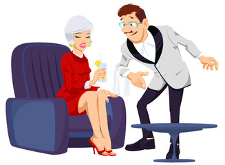 Girl and waiter in airport. Funny people.