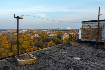 Aerial view from the top of an abandoned apartment skyscraper in Pripyat, Chernobyl Exclusion Zone...