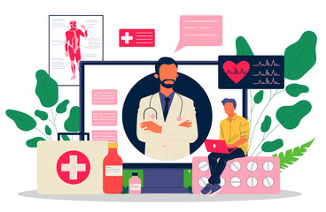 Online doctor vector illustration. Young patient with laptop chatting with practitioner. Medical consulting app for healthcare, medicine, internet communication concept