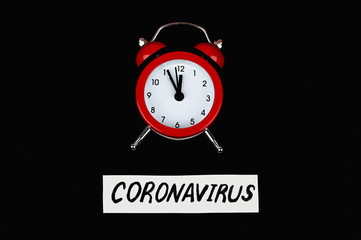 coronovirus time. red clock with the inscription coronavirus. The concept of coronavirus.