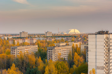 Aerial view from the top of an abandoned apartment skyscraper in Pripyat, Chernobyl Exclusion Zone...