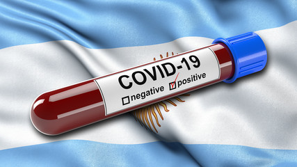Obraz premium Flag of Argentina waving in the wind with a positive Covid-19 blood test tube. 3D illustration concept for blood testing for diagnosis of the new Corona virus.