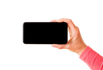 Person holding smartphone horizontally, photo isolated on white background