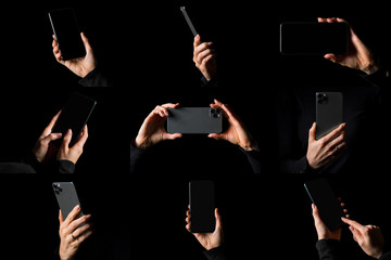 Collage of different photos of person holding mobile phone in hand, isolated on black background