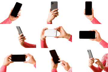 Collage of different photos of person holding mobile phone in hand, isolated on white background
