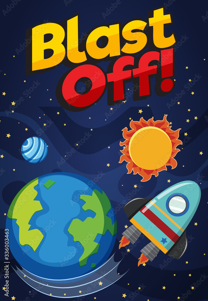 Wall mural poster design with spaceship flying in the space background