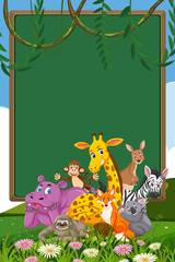 Border template design with many wild animals in background
