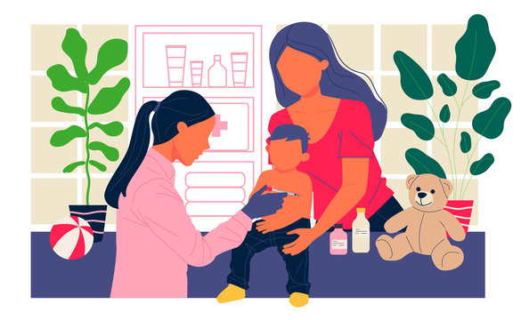 Positive pediatrician vaccinating cute child in medical office. Kid doctor making injection of vaccine to toddler boy. Vector illustration for immunity health, disease prevention, inoculation concept