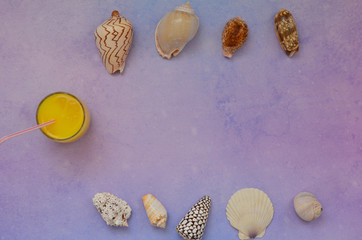 Summer background collection of shells and fresh fruit juice