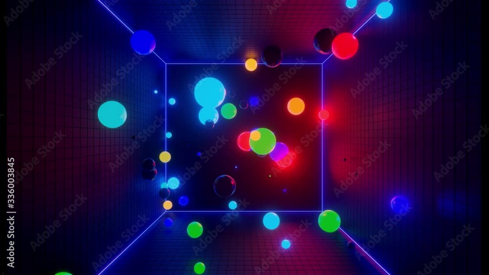 Poster 3d abstract creative animation background with neon glow multi-colored spheres inside camera, reflec
