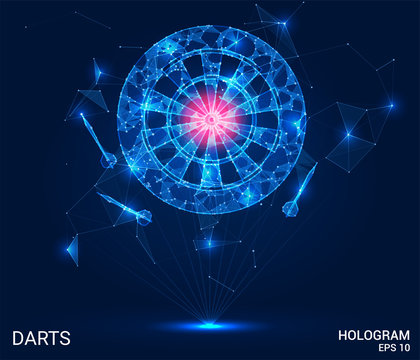 Hologram of Darts. Darts and a dartboard made of polygons, triangles of points and lines. Darts are a low-poly compound structure. The technology concept.