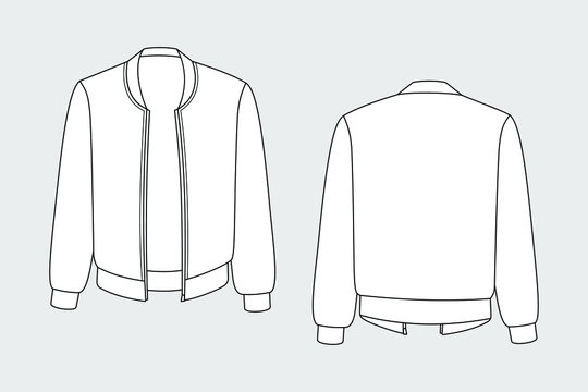 Jacket vector template isolated set on a grey background. Unisex, male, female model. Front and back view. Outline fashion technical sketch of clothes model.