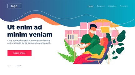 Naklejka premium Dentist examining patient teeth. Woman visiting dental practitioners flat vector illustration. Healthcare, dental care, dentistry concept for banner, website design or landing web page