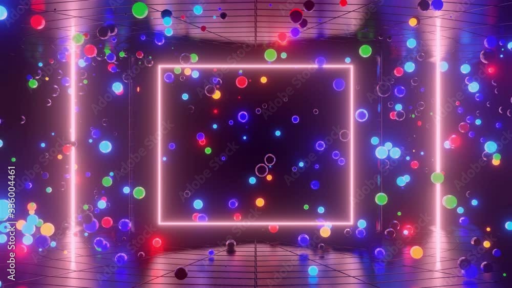 Poster 3d abstract creative animation background with neon glow multi-colored spheres inside camera, reflec