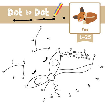 Dot to dot educational game and Coloring book sleeping Fox animal cartoon character vector illustration