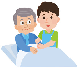 おじいさんを起こす男性性介護師　イラスト
